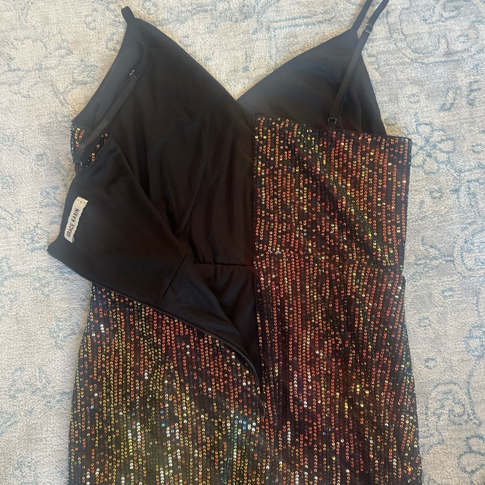 Grace Karin Multicolor Metallic Gold Sequin Mini Dress | Wrap Front | Size L - Picture 8 of 11